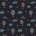 Watercolor seamless pattern with air baloons sky clouds stars in cute baby stitch embroidery style. Ready print for Royalty Free Stock Photo