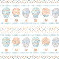 Watercolor seamless pattern with air baloons, sky, clouds, stars, in cute baby stitch embroidery style. Ready print for Royalty Free Stock Photo