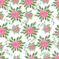 Watercolor seamless pattern of air roses and green leaves.