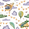 Watercolor seamless pattern with airplanes in the sky with clouds stars, over the mountains, trees