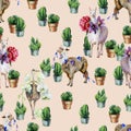 Watercolor seamless pattern with alpaca, llama, ostrich and cactus.