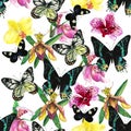Watercolor seamless pattern with amazing tropical exotic butterflies and orchid flowers.