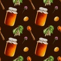 Watercolor seamless pattern with amber linden honey jars. Wooden spoon with honey. Honey flowing from a stick. Hand