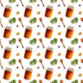 Watercolor seamless pattern with amber linden honey jars. Wooden spoon with honey. Honey flowing from a stick. Hand