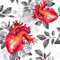 Watercolor seamless pattern, anatomic hearts with sketches of roses and leaves in vintage medieval style. Valentines day