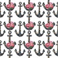 Watercolor seamless pattern with anchors and flowers.