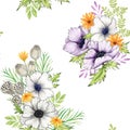 Watercolor Seamless Pattern with Anemone Flowers. Illustration of a bouquet of anemones, sunflowers, poppies and dry