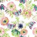 Watercolor seamless pattern with anemone and herbs Royalty Free Stock Photo