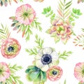 Watercolor seamless pattern with anemone and herbs Royalty Free Stock Photo