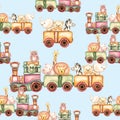 Watercolor seamless pattern of animal train