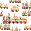 Watercolor seamless pattern of animal train