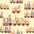 Watercolor seamless pattern of animal train