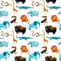 Watercolor seamless pattern with animals. Cute handrawn animals, perfect for kids apparel and textile.