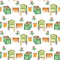 watercolor seamless pattern - apiary in the meadow