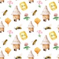 watercolor seamless pattern - apiary in the meadow