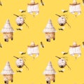 watercolor seamless pattern - apiary in the meadow