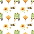 watercolor seamless pattern - apiary in the meadow