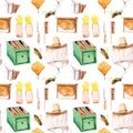 watercolor seamless pattern - apiary in the meadow