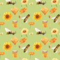 watercolor seamless pattern - apiary in the meadow