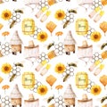 watercolor seamless pattern - apiary in the meadow