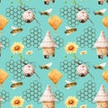 watercolor seamless pattern - apiary in the meadow