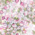 Watercolor, seamless pattern of apple, pink flowers on a white background. Spring, gentle, cute illustration for the