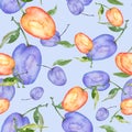 Watercolor seamless pattern. Apricot on a branch. Fruit plum, cherry plum, peach. Beautiful background for fabric, packaging, shaw