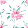 Pink Flower Pattern Seamless Floral Watercolor Aqua Green Leaves Leaf Berries Blooms