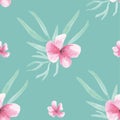 Pink Flower Pattern Seamless Floral Watercolor Aqua Green Leaves Leaf Berries Blooms