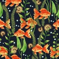 Watercolor seamless pattern with aquarium gold fishes, plants, snail and bubbles.