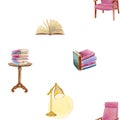 Watercolor seamless pattern of an armchair, opened book, book table, desk lamp Royalty Free Stock Photo