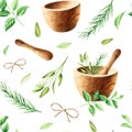 Watercolor seamless pattern with aromatic herbs and wooden mortar and pestle. Illustrations of fresh rosemary, mint Royalty Free Stock Photo