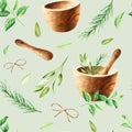 Watercolor seamless pattern with aromatic herbs and wooden mortar and pestle. Illustrations of fresh rosemary, mint Royalty Free Stock Photo
