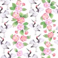 Watercolor Seamless pattern with asian cranes