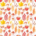 Watercolor seamless pattern, autumn collection, fallen leaves, mushrooms, acorns, grains and a Cup of coffee. Walk through the