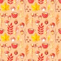 Watercolor seamless pattern, autumn collection, fallen leaves, mushrooms, acorns, grains and a Cup of coffee. Walk through the