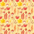 Watercolor seamless pattern, autumn collection, fallen leaves, mushrooms, acorns, grains and a Cup of coffee. Walk through the