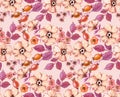 Watercolor seamless pattern. Autumn floral background. Vintage flowers in Marsala and Maroon Blush Wine colours. Pink