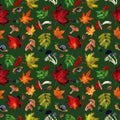 Watercolor seamless pattern with autumn green and yellow maple leaves, snails, acorns on green background. Royalty Free Stock Photo