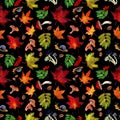 Watercolor seamless pattern with autumn green and yellow maple leaves, snails, acorns on black background. Royalty Free Stock Photo