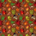 Watercolor seamless pattern with autumn green and yellow maple leaves, snails, acorns on brown background. Royalty Free Stock Photo