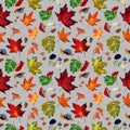 Watercolor seamless pattern with autumn green and yellow maple leaves, snails, acorns on gray background. Royalty Free Stock Photo