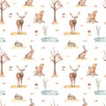 Watercolor seamless pattern with autumn landscape, deer, hare, owl, squirrel, autumn bushes, puddle, autumn leaves on a white Royalty Free Stock Photo