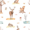 Watercolor seamless pattern with autumn landscape, deer, hare, owl, squirrel, autumn bushes, puddle, autumn leaves on a white Royalty Free Stock Photo