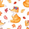 Watercolor seamless pattern with autumn leaves and a cute cartoon fox. Royalty Free Stock Photo