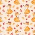 Watercolor seamless pattern with autumn leaves and a cute cartoon fox. Royalty Free Stock Photo