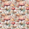 watercolor seamless pattern autumn mushrooms and plants