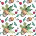 Watercolor seamless pattern of autumn oak leaves, acorns and berries Royalty Free Stock Photo
