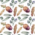 Watercolor seamless pattern of autumn oak leaves, acorns and berries Royalty Free Stock Photo