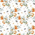 Watercolor seamless pattern with autumn orange berries and blue moth